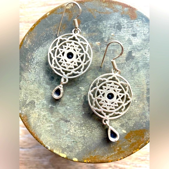 Silver 925 Blue Topaz Spiritual Mandala Dangle Drop 2” Pierced Earrings - Picture 4 of 8